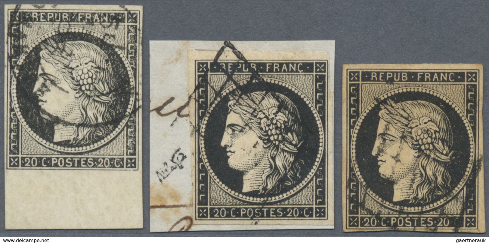 O/Brfst Frankreich: 1849, 20c. Black, Three Stamps In Different Shades Incl. A Bottom Marginal Copy. - Oblitérés