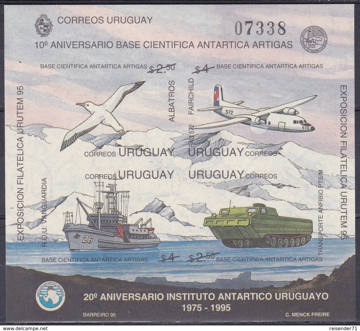 Uruguay 1995 Tiere Fauna Animals Vögel Birds Antarktis Flugzeuge Aeroplanes Schiffe Ships Amphibienfahrzeug, Bl. 69 ** - Uruguay
