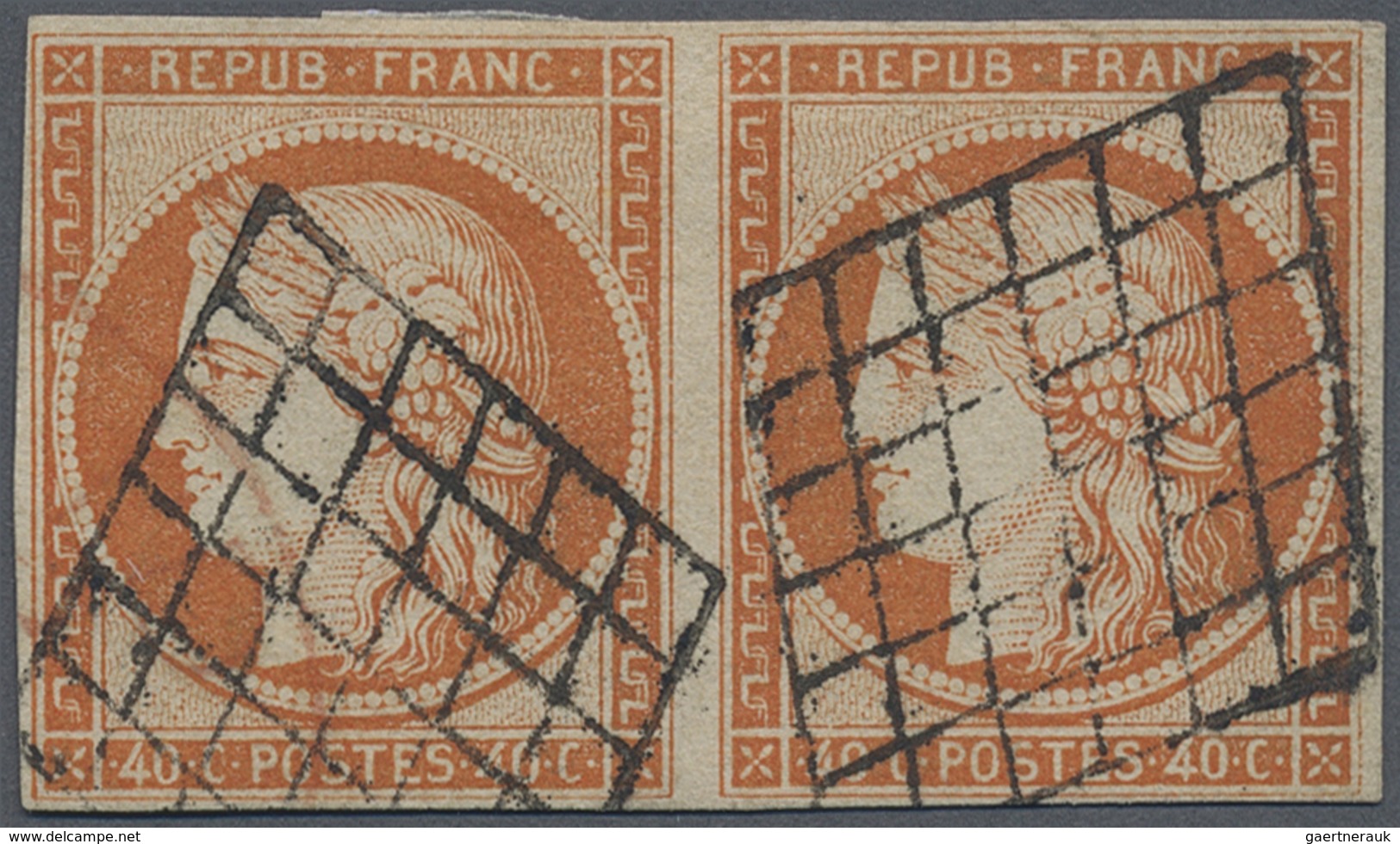 O Frankreich: 1850, Ceres 40 C. Orange, Horizontal Pair With Rhombic Grid Cancellation Small Margins, - Oblitérés