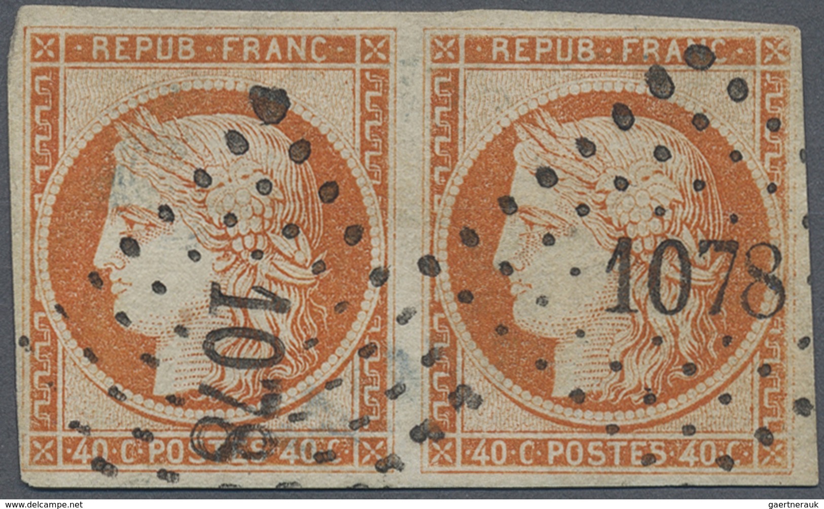 O Frankreich: 1850, Ceres 40 C. Orange, Horizontal Pair Tied By PC „1078”, Good Margins, Signed. Miche - Gebruikt