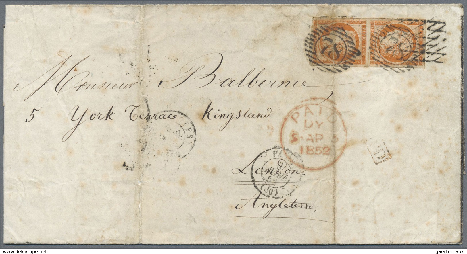 Br Frankreich: 1850, 40c. Orange Vertical Pair On Mourning Lettersheet From Paris To London, Oblit. By - Gebraucht