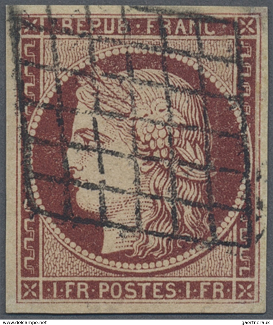 O Frankreich: 1850, Ceres 1 Fr. Carmine, Single Stamp Tied By Rhombic Grid Cancellation, Good Margins - Oblitérés