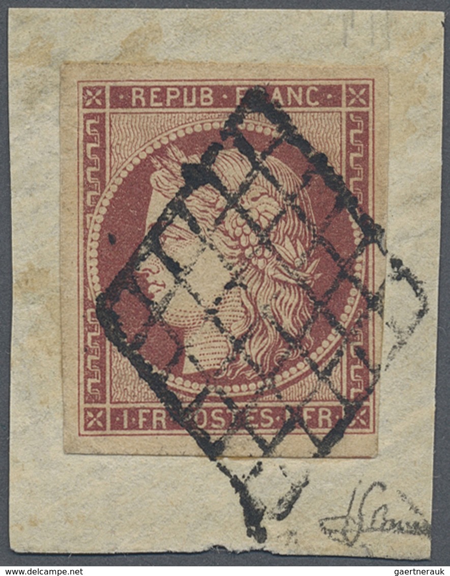 Brfst Frankreich: 1850, Ceres 1 Fr. Dark Carmine "carmin Foncé", Stamp On Cut Square Of Cover Tied By Rhom - Gebraucht