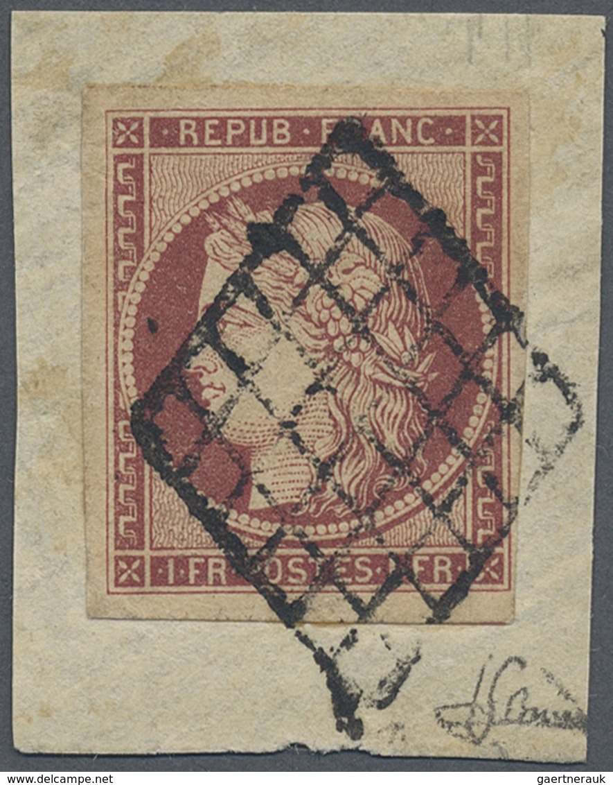 Brfst Frankreich: 1850, Ceres 1 Fr. Dark Carmine "carmin Foncé", Stamp On Cut Square Of Cover Tied By Rhom - Oblitérés