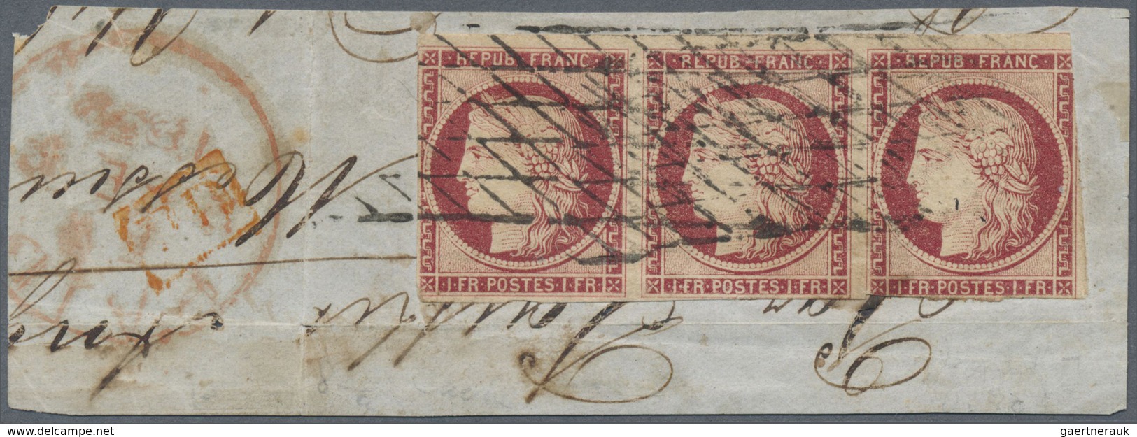 Brfst Frankreich: 1849, 1fr. Carmine, Horiz. Strip Of Three, Fresh Colour, Full Margins At Top, Other Side - Oblitérés