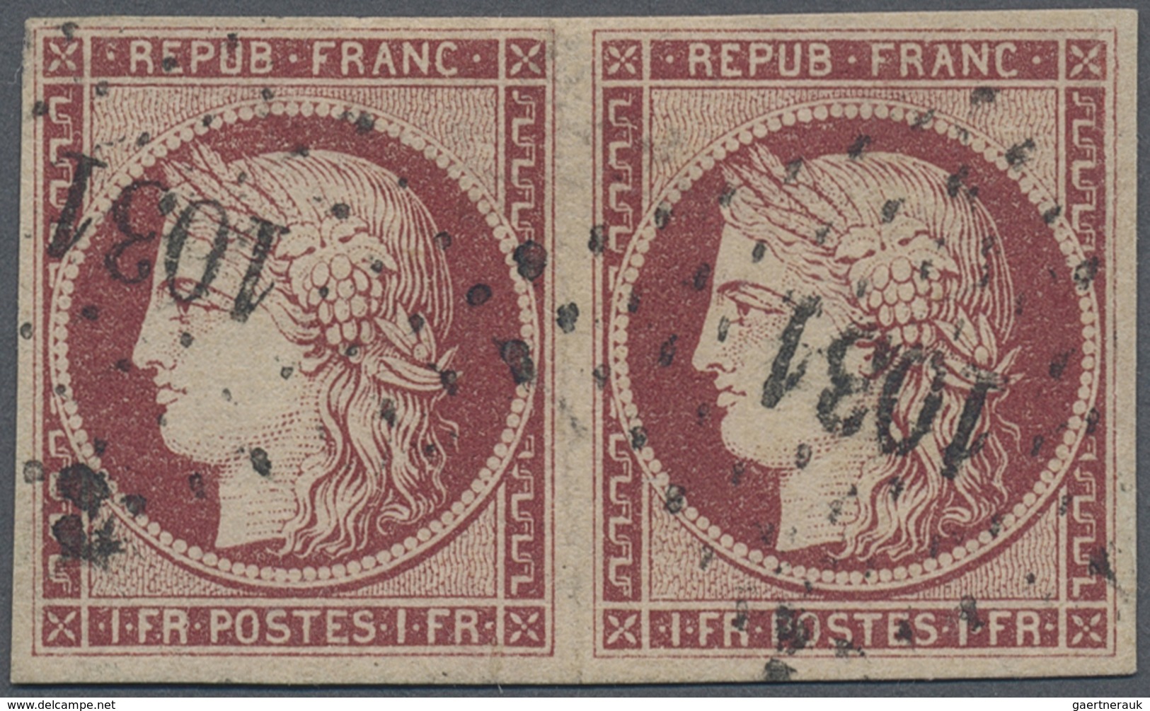 O Frankreich: 1850, Ceres 1 Fr. Carmine, Horizontal Pair Tied By PC „1031”, Good Margins All Around. M - Oblitérés