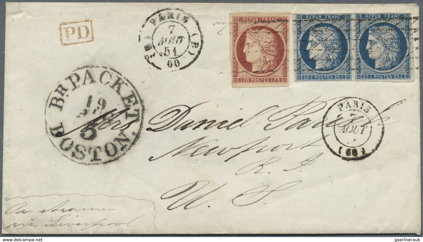 Br Frankreich: 1849, Ceres 1 Fr. Carmine (wide Margins All Around) And A Pair Of 25 C Blue (good/wide M - Usati