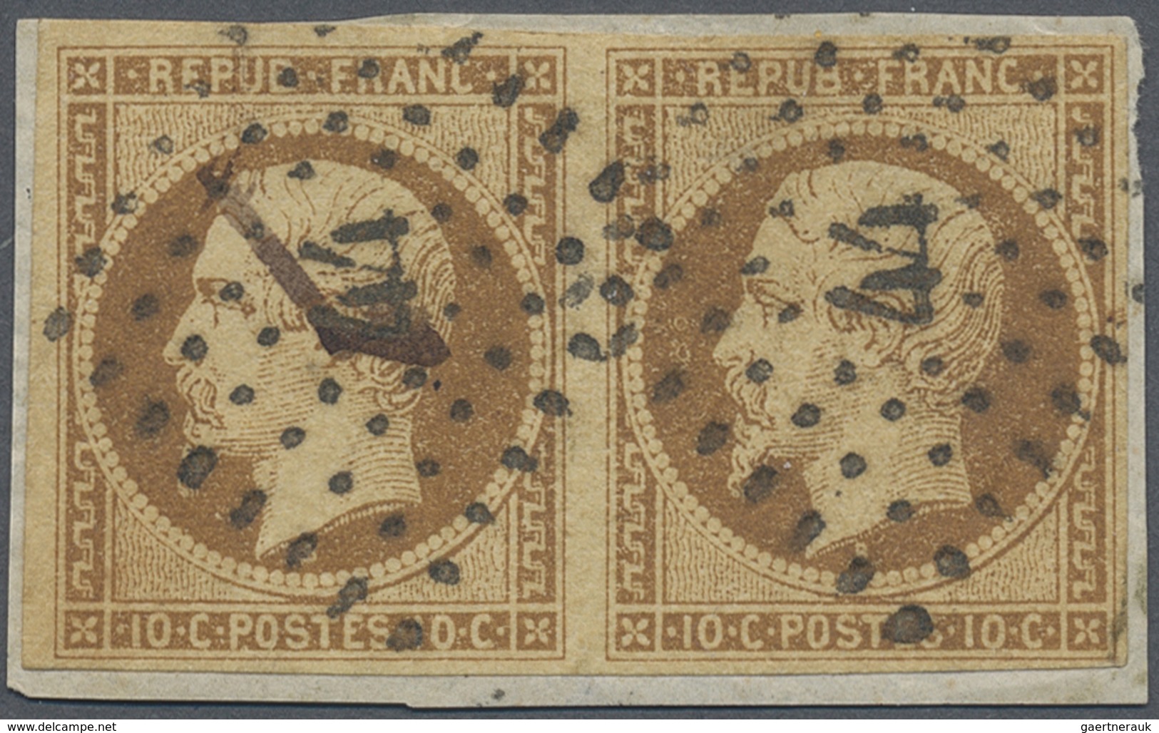 O Frankreich: 1852, Napoléon 10 C. Brown-yellow, Horizontal Pair Tied By PC „44” Good To Wide Margins - Oblitérés