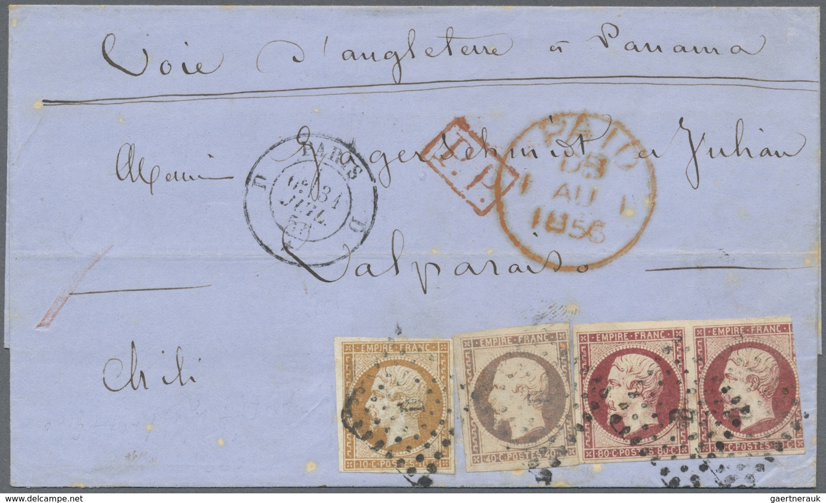 Br Frankreich: 1856, Folded Letter High 2,10 Franc Franking Sent From PARIS Via Panama To Valparaiso, C - Oblitérés