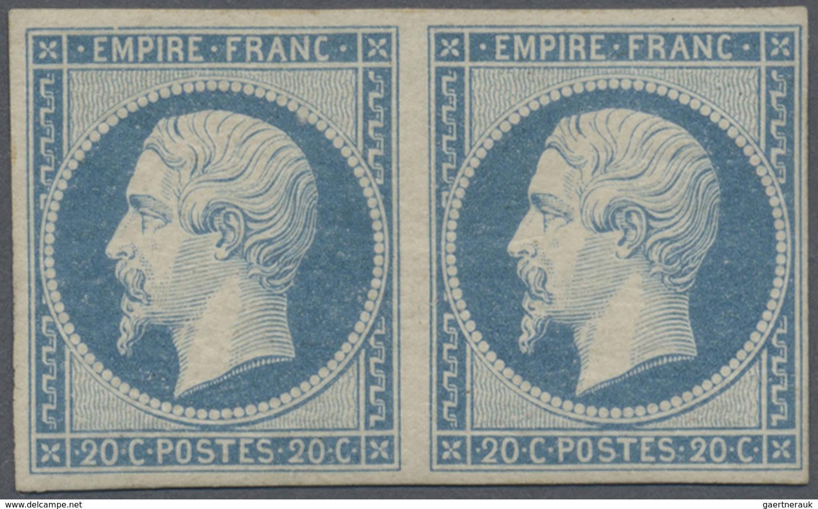 /* Frankreich: 1853 Napoléon 20 C. Blau, Type I, Im Waagerechten Paar, Ungebraucht Mit Falzspur Auf Ori - Oblitérés