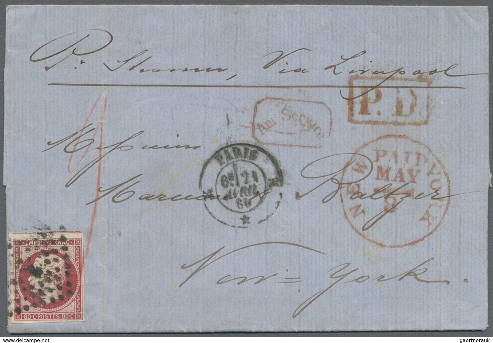 Br Frankreich: 1860, 80c. Carmine "Empire Nd", Single Franking On Lettersheet From Paris To New York, O - Oblitérés