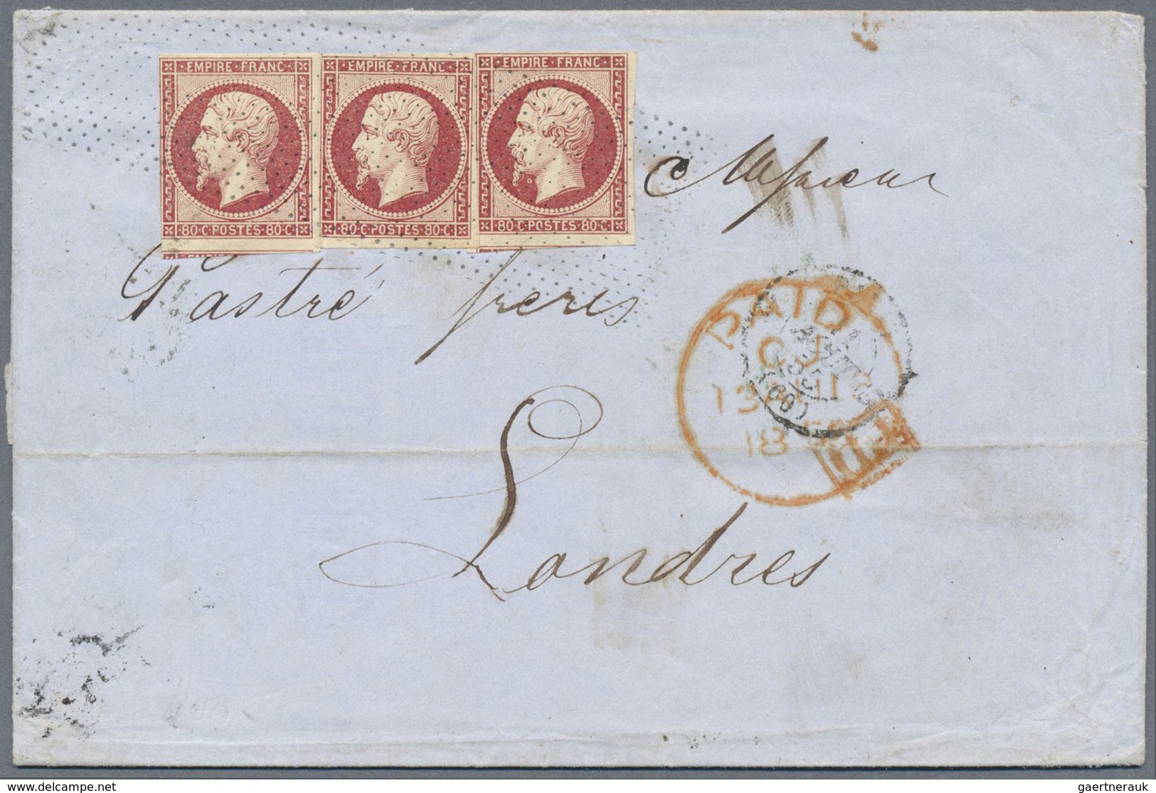 Br Frankreich: 1855, 80c. Carmine "Empire Nd", Three Copies Of Fresh Colour And Mainly Good Margins Wit - Gebruikt
