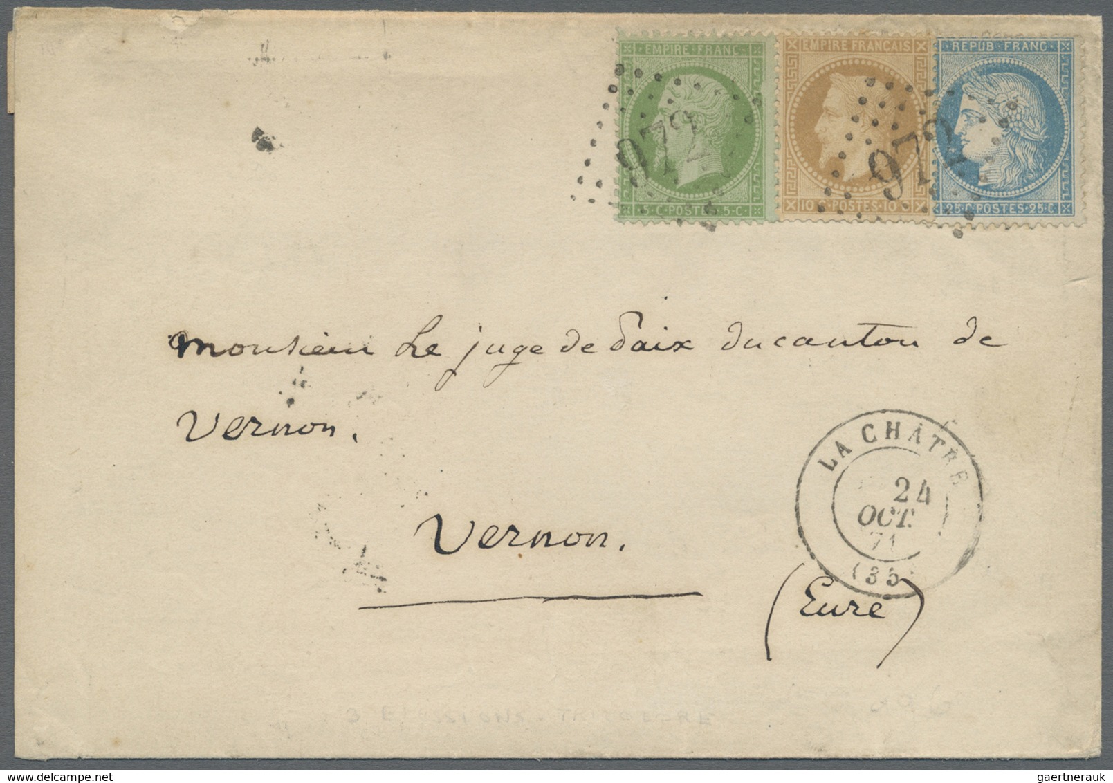 Br Frankreich: 1871, 5c. Green "Empire Dt", 10c. Bistre "laure" And 25c. Blue "Ceres", Attractive Three - Oblitérés