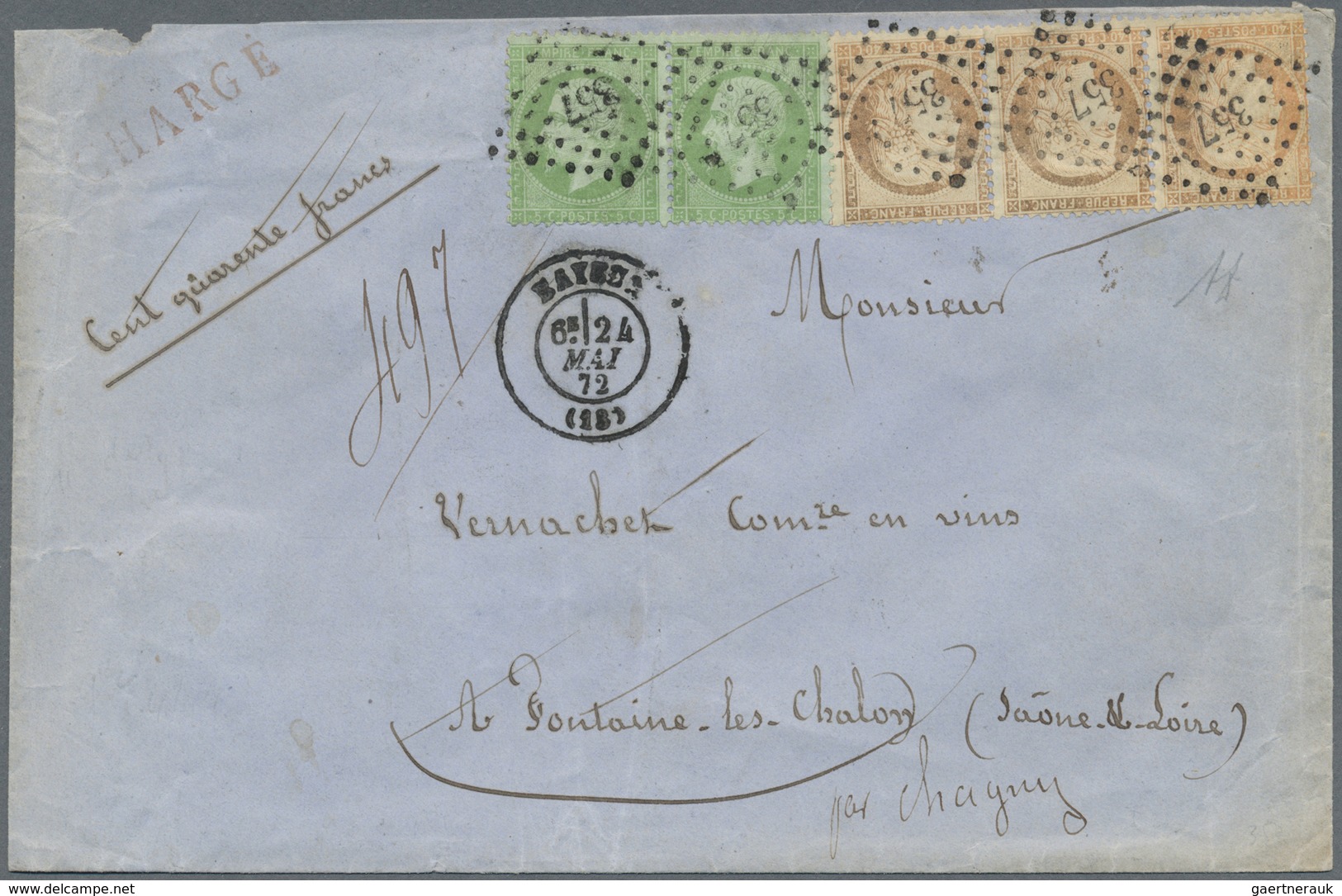 Br Frankreich: 1862/1870, Napoleon 5 C. Green, Horizontal Pair And Horizontal Strip Of Three Ceres 40 C - Oblitérés