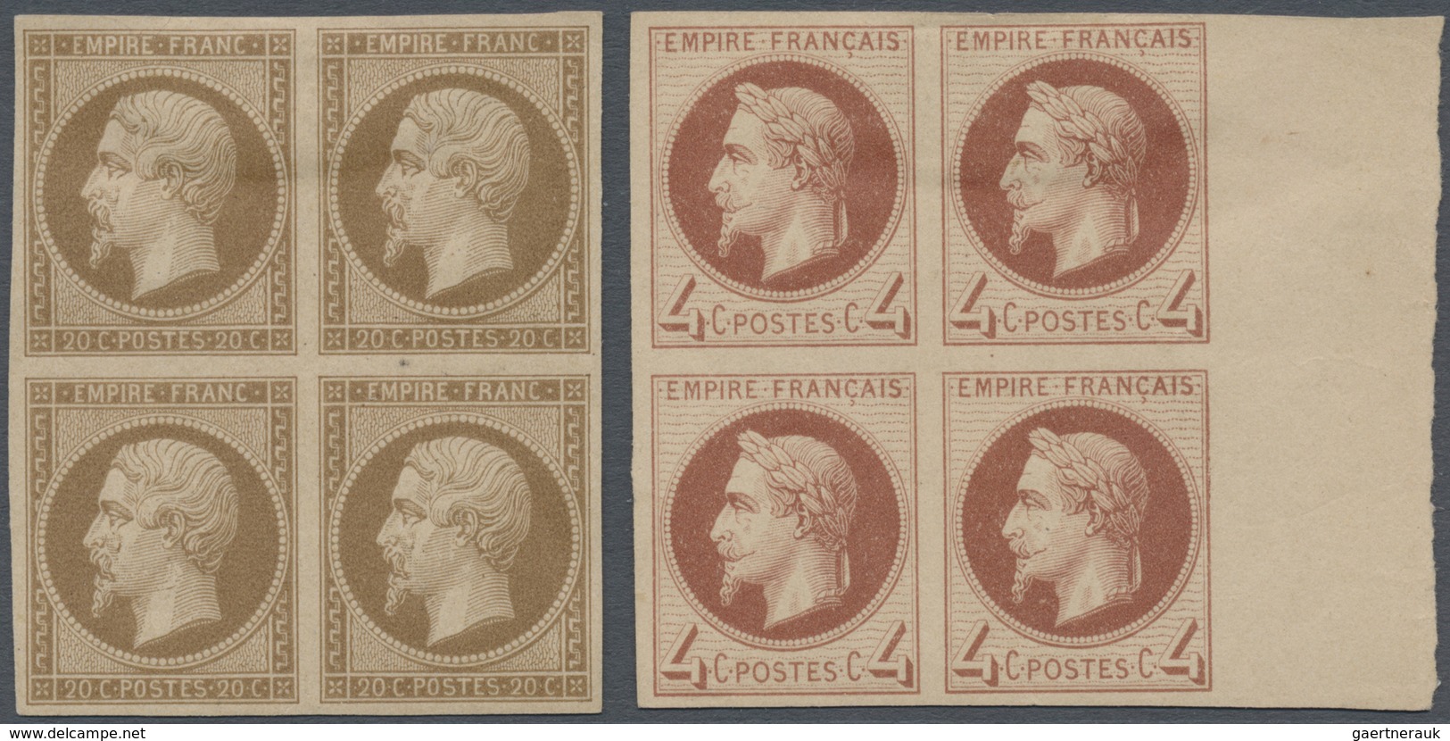 (*) Frankreich: 1862/1869, Two Blocks Of Four: 20c. Napoleon Nd Essay In Brown, 4c. Napoleon Laure Imper - Gebruikt