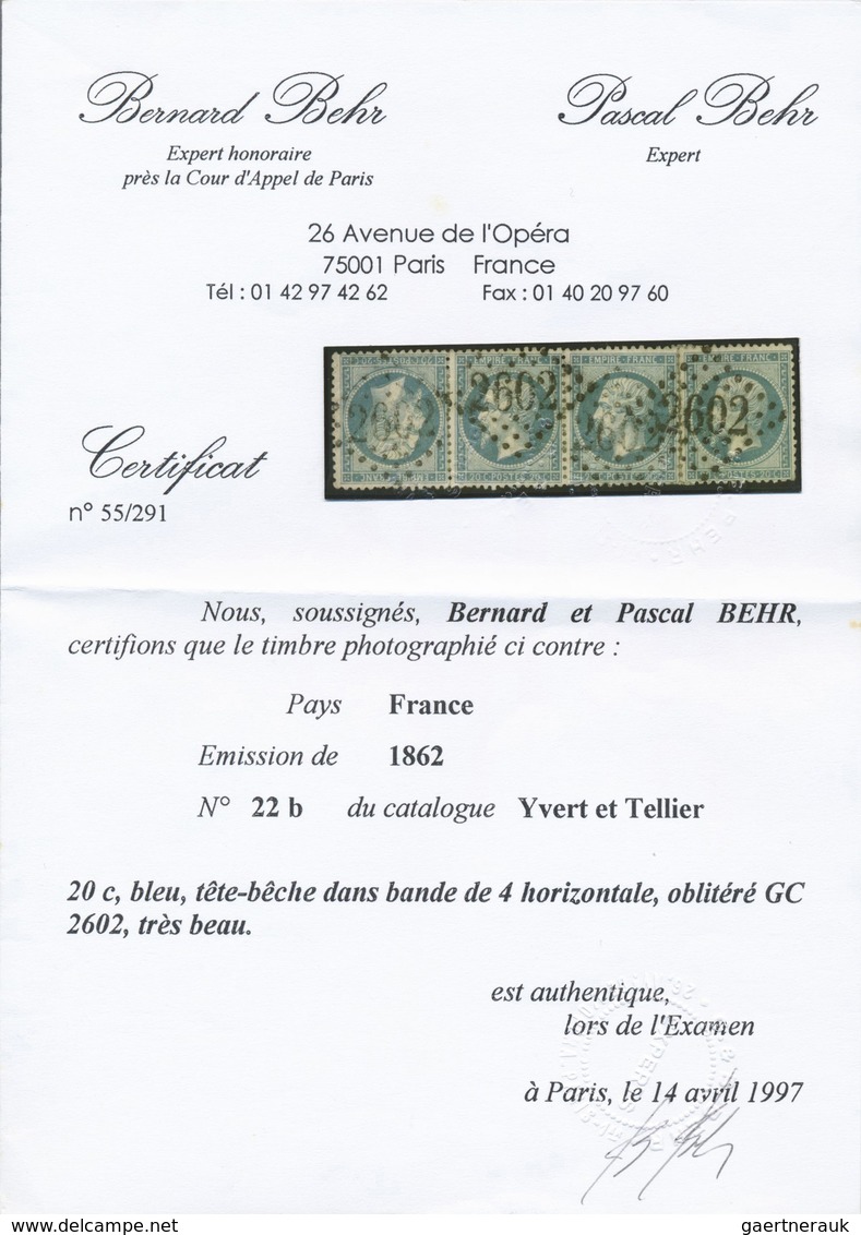 O Frankreich: 1862, 20c. Blue "Empire Dentele", Tête-bêche Pair Within A Strip Of Four (slightly Folde - Gebruikt