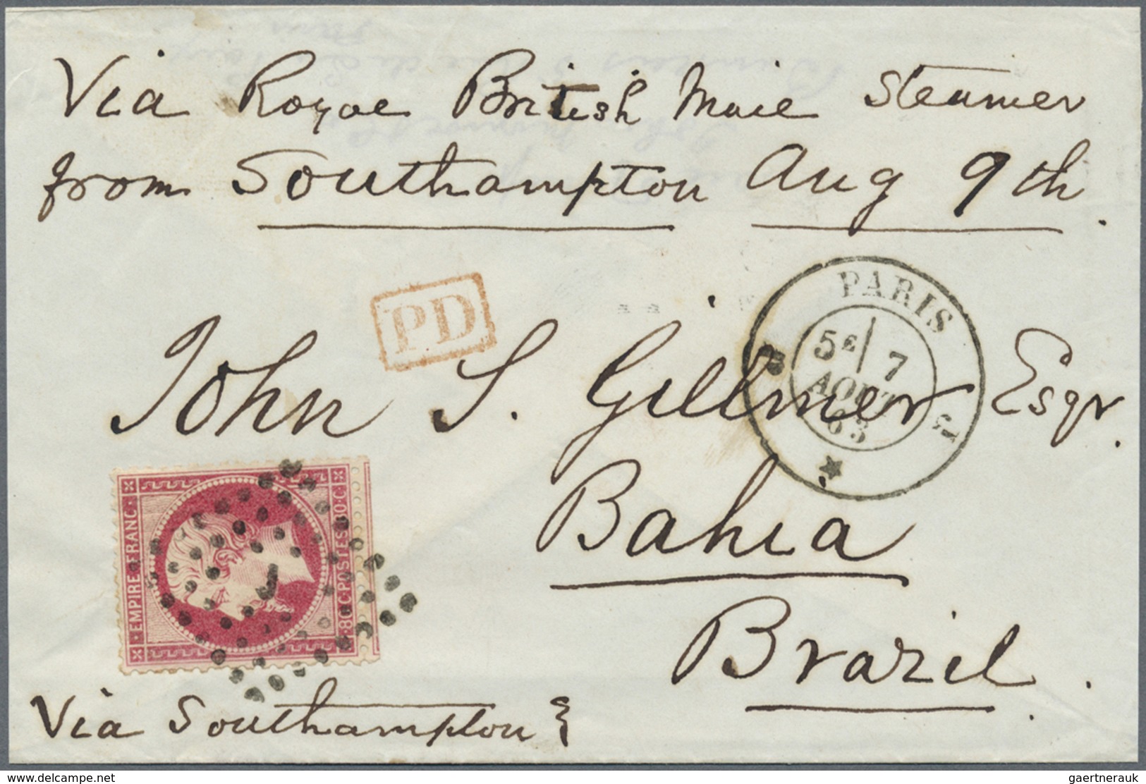 Br Frankreich: 1863: 80 Centes. Red From Paris Via Southampton Endoserd "Via Royal Britisch MAil Steame - Gebruikt