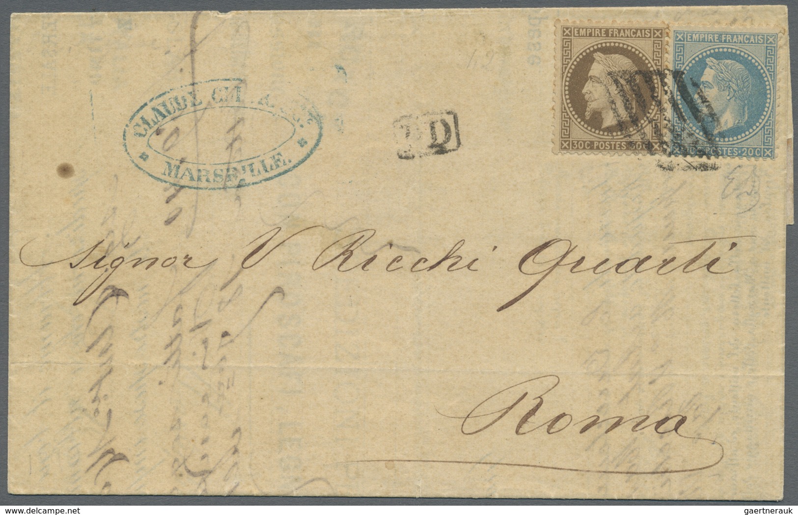 Br Frankreich: 1869, 20c. Blue And 30c. Brown "laure" On Lettersheet From Marseille Dated 29 Nov. To Ro - Gebruikt
