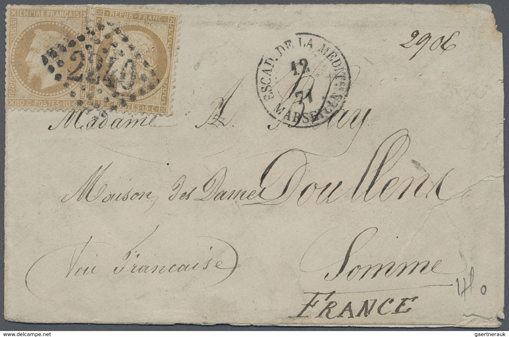 Br Frankreich: 1871, 10c. Bistre "laure" And 10c. Siege On Envelope, Clearly Oblit. By GC "2240" And C. - Oblitérés