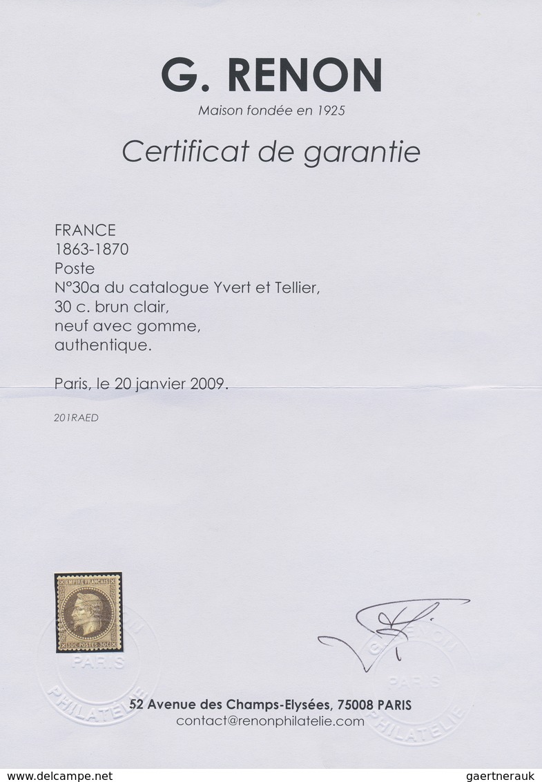 ** Frankreich: 1862, 30c. Brown "laure", Mint Never Hinged. Certificate Renon "Authentique Without Faul - Gebruikt