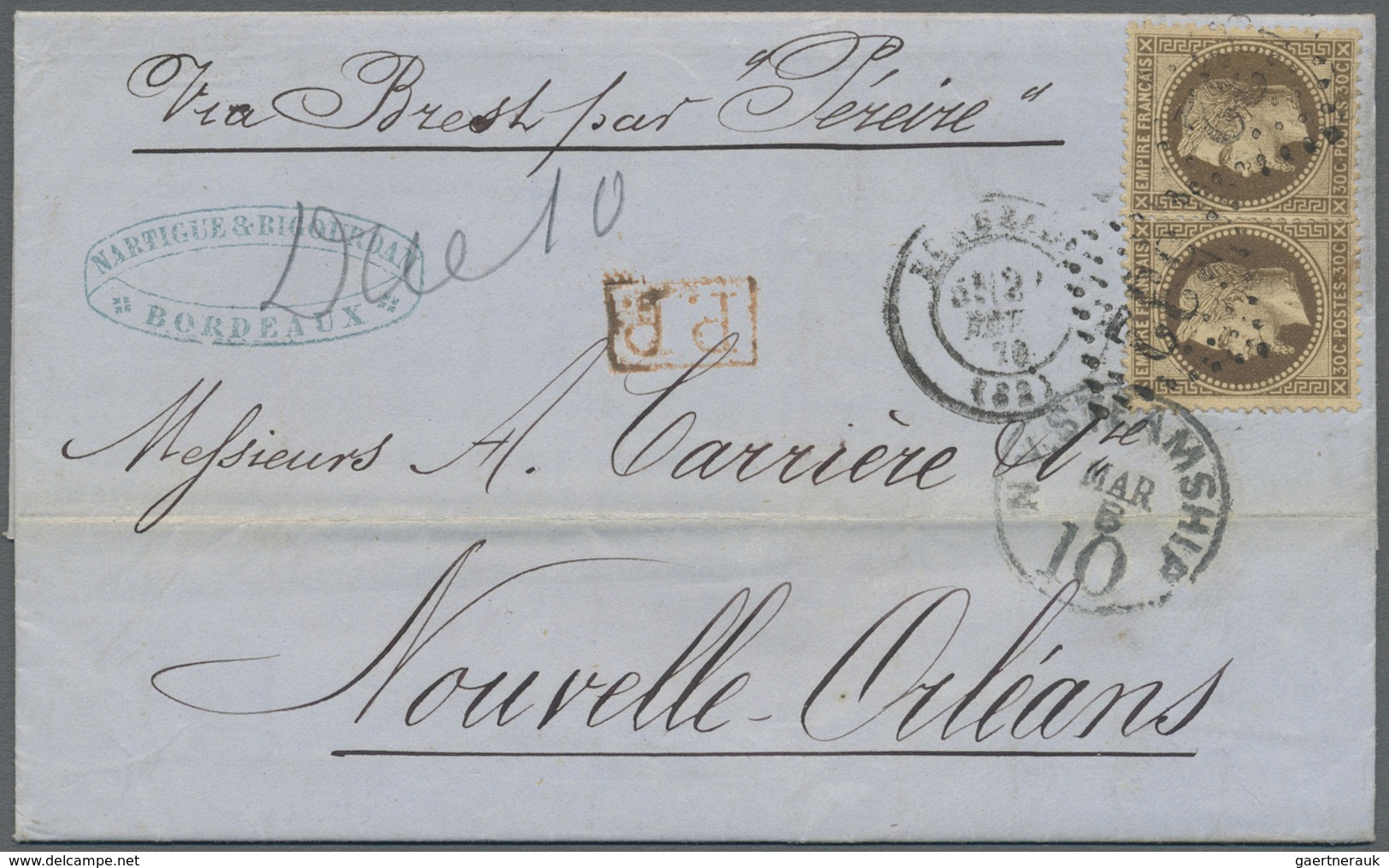 Br Frankreich: 1870, 30c. Brown "laure", Two Copies On PP Lettersheet From Bordeaux To New Orleans, Obl - Gebruikt