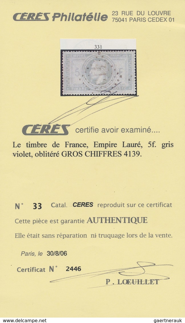 O Frankreich: 1869, Napoleon 5 Fr. Grey Stamp Fresh And Normal Well Perforated, Used Oblit. GC "4139", - Oblitérés