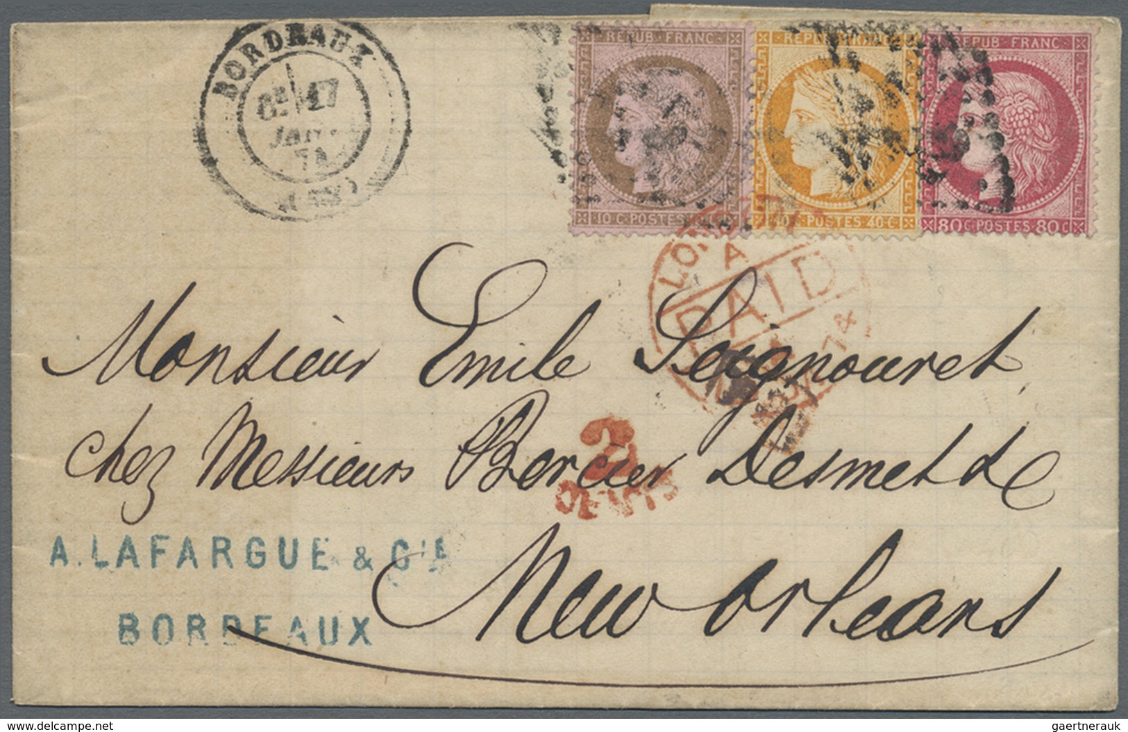 Br Frankreich: 1874, 40c. Orange, 10c. Brown On Rose "small Cipher" And 80c. Rose, Attractive Franking - Gebruikt