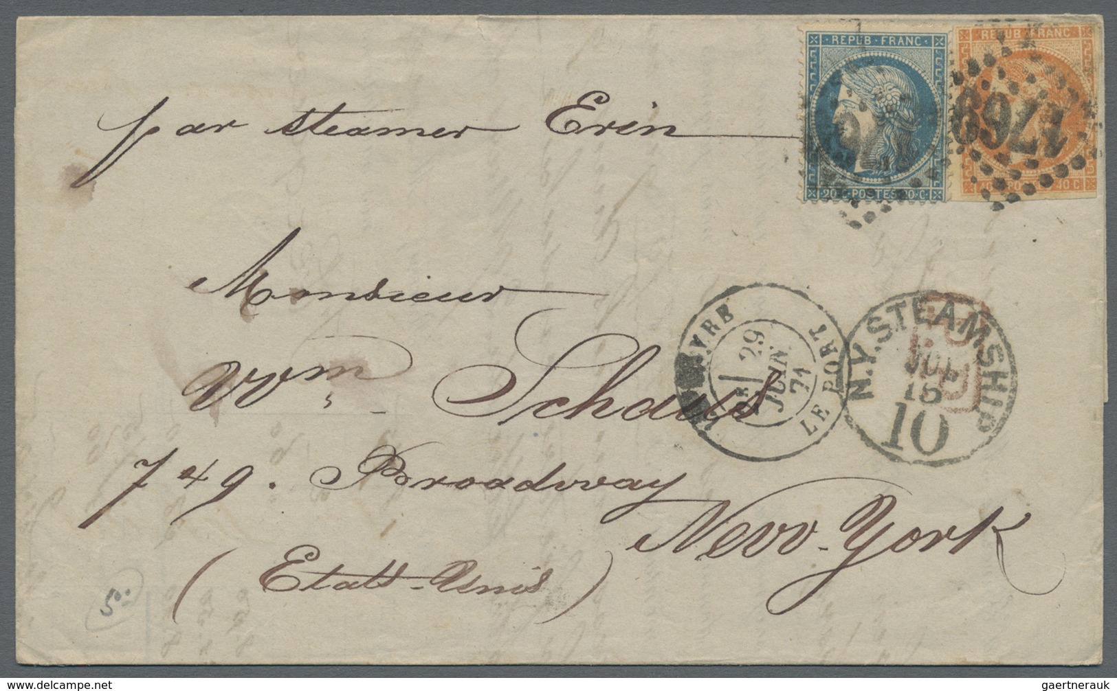 Br Frankreich: 1871, 20 C And 40 C On Folded Letter From Le Havre To New York With Handwritten "par Ste - Gebruikt