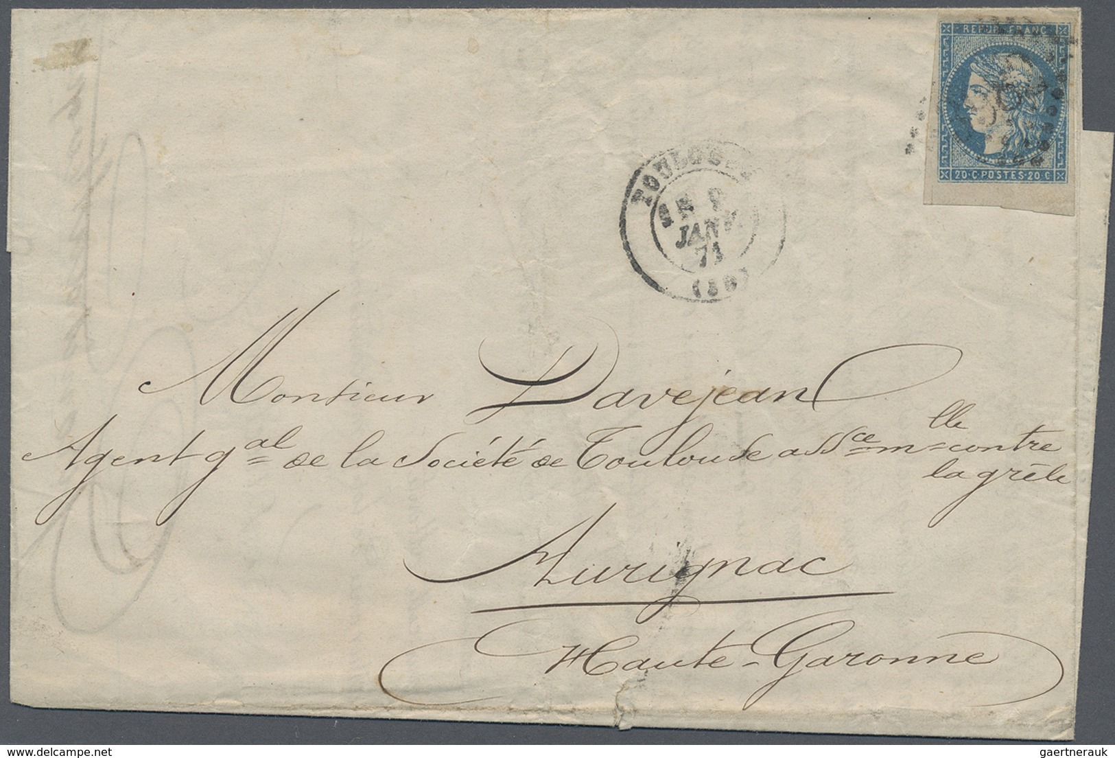 Br Frankreich: 1871, 25 C. Cérès Blue,on Cover With GC "3982" And Date Cancellation "Toulouse 8 JANV 71 - Gebruikt