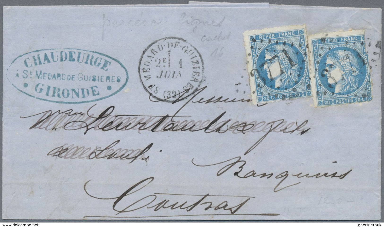 Br Frankreich: 1871, Bordeaux Issue, 20c. Blue, Type III, Two Copies With Private Perforation "perce En - Gebruikt