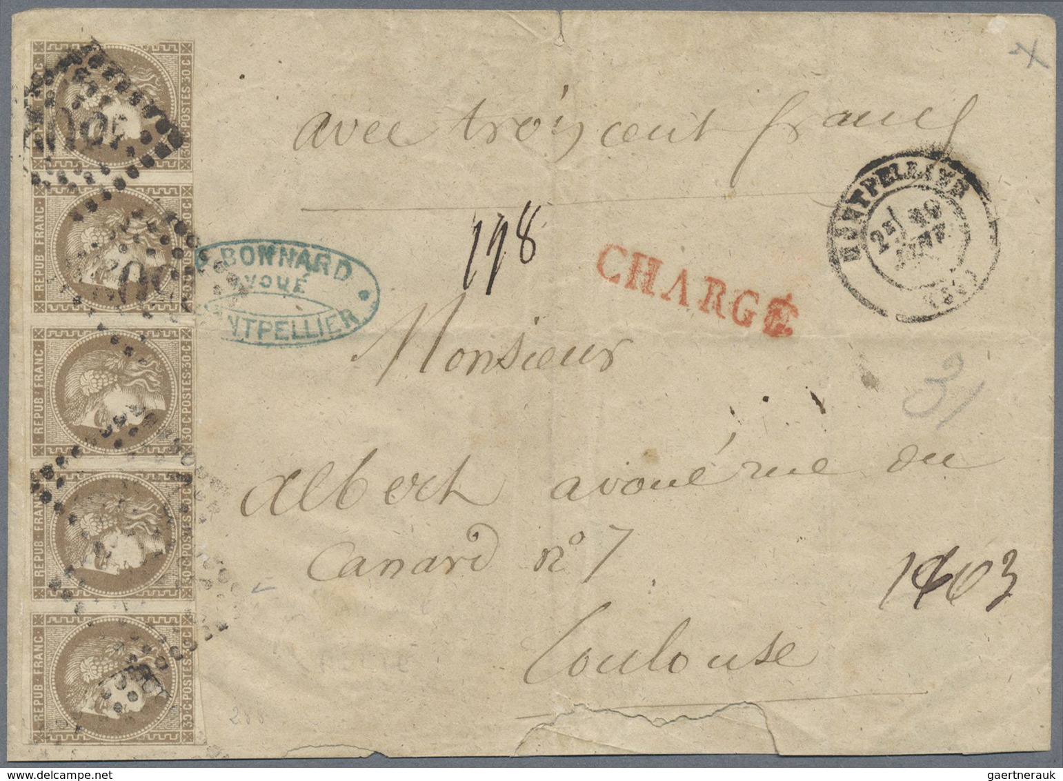 Br Frankreich: 1871, 30c. Brown "Bordeaux", HORIZONTAL STRIP OF FIVE (pos. 1-5), Fresh Colour, Full Mar - Gebruikt