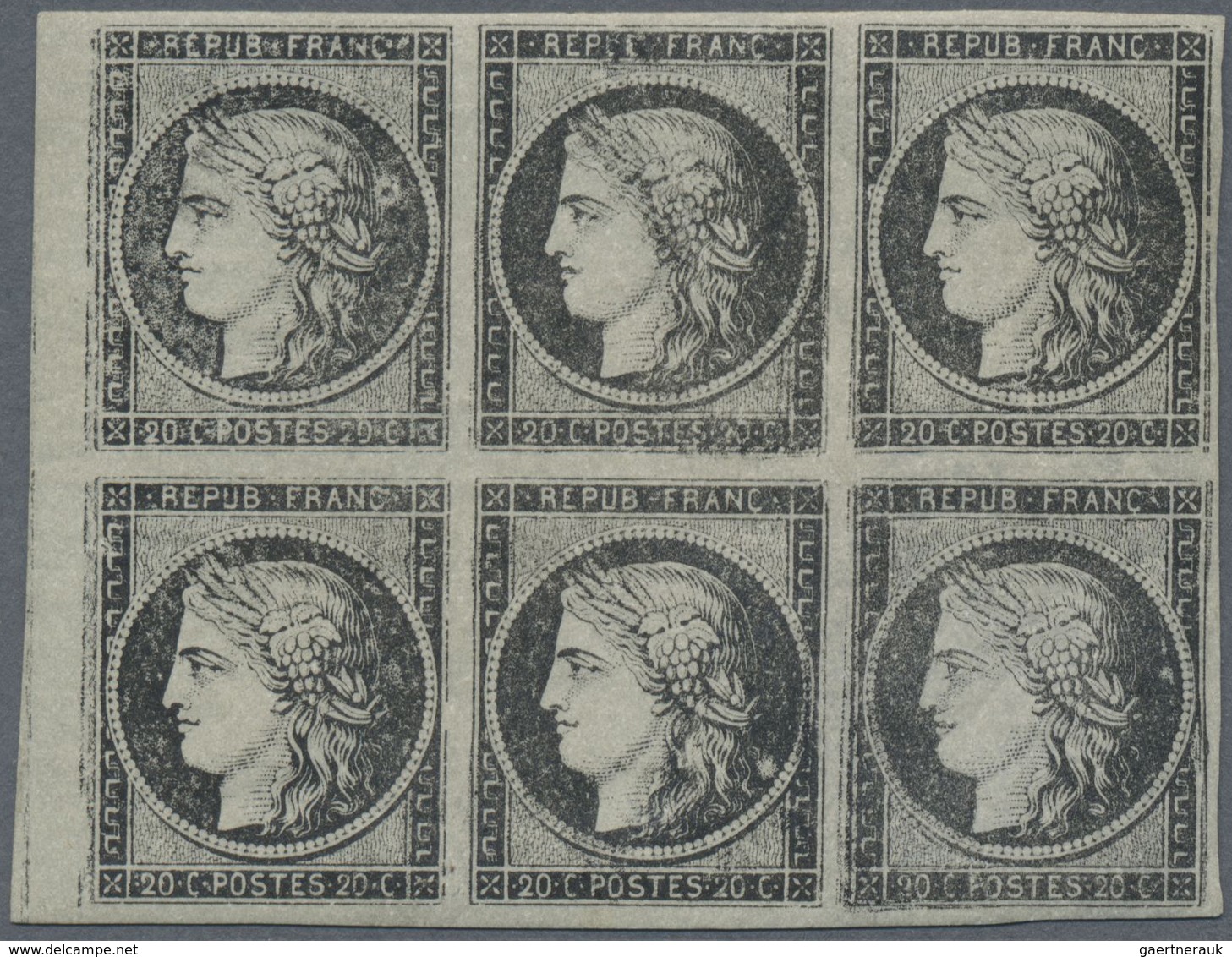 * Frankreich: 1871, Essay 20 C. Black, On Cream-colored Paper, In The Block Of Six, In Perfect Unused - Oblitérés