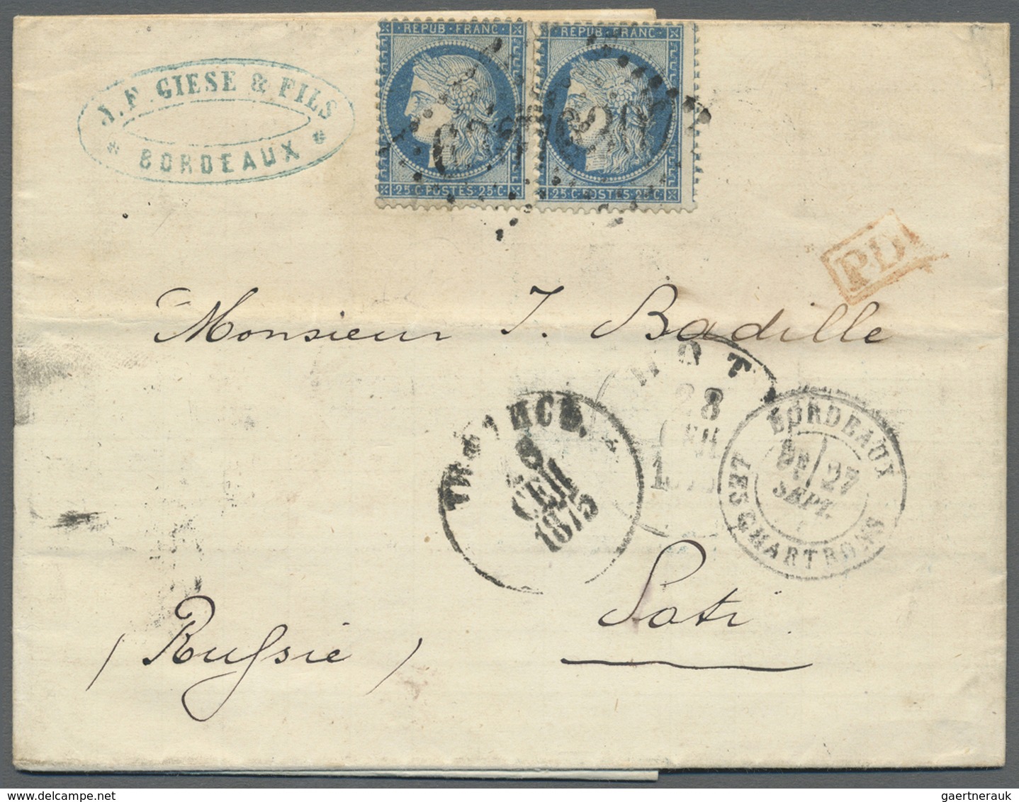 Br Frankreich: 1875, Folded Letter With Horizontal Pair Of Perforated 25 C Ceres From Bordeaux To POTI - Gebruikt