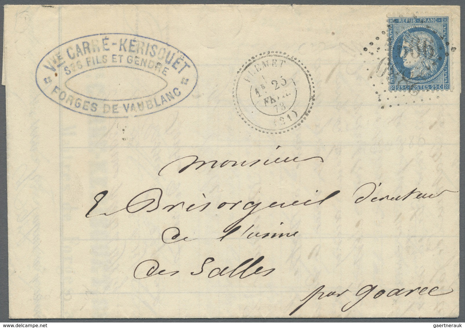Br Frankreich: 1873, 25c. Blue "Ceres", Single Franking On Lettersheet Dated 22 Fevr. From "PLEMET 23 F - Oblitérés