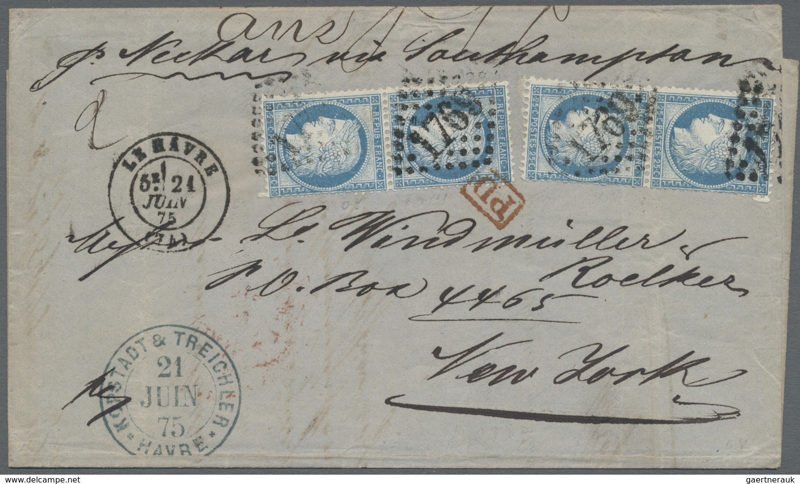 Br Frankreich: 1875, 20c. Blue "Ceres", Two Vertical Pairs, 1fr. Rate On Lettersheet From Le Havre To N - Oblitérés