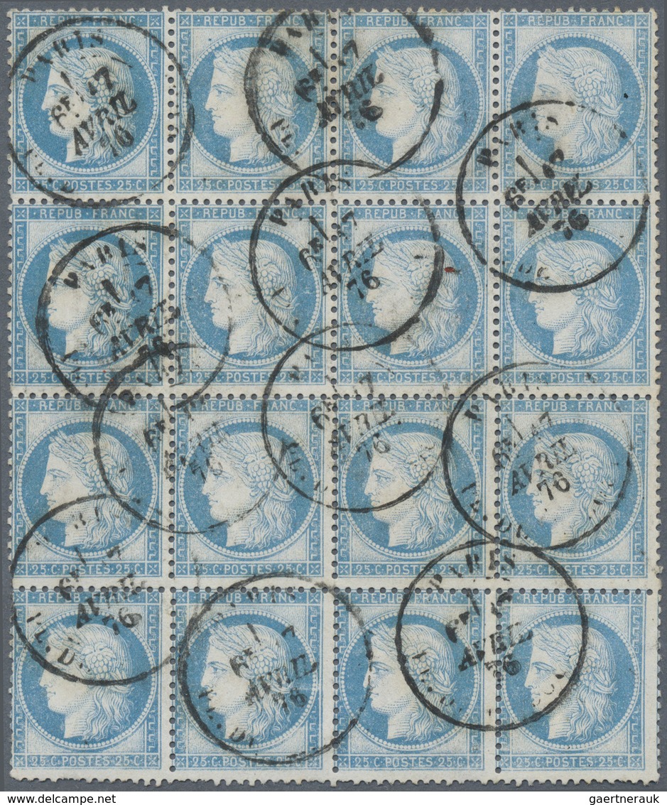 O Frankreich: 1871, 25c. Blue, Block Of 16 Oblit. "PARIS 17 AVRIL 76", Some Short Perfs But Rare Unit! - Gebruikt