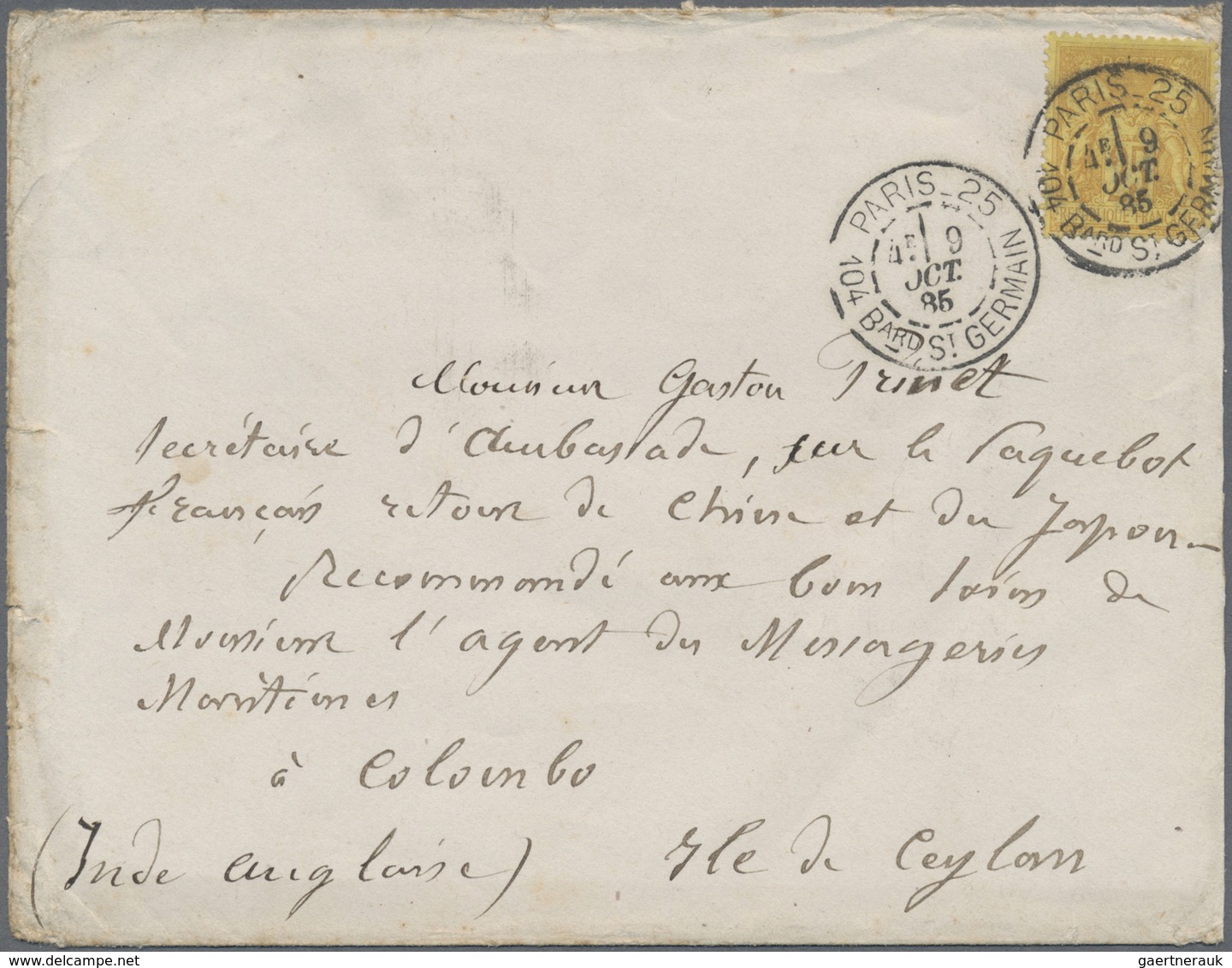 Br Frankreich: 1885. Envelope (tears And Creases) Addressed To 'Gaston Pinot, On French Messageries Mar - Gebruikt