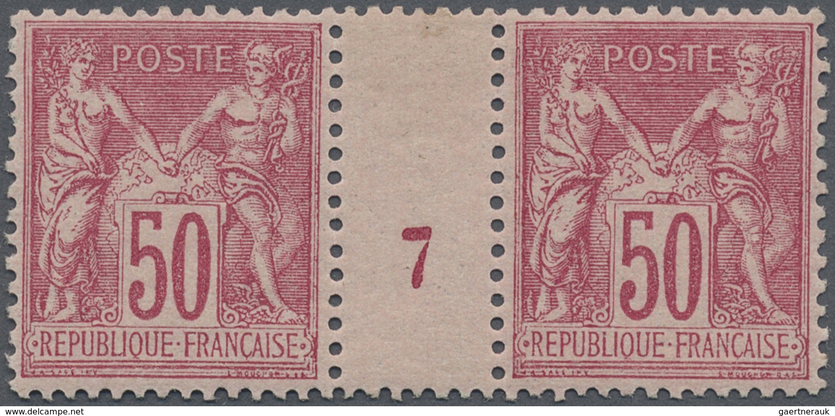 * Frankreich: 1897, 50 C. Carmine On Rose Allegory In The Horizontal Gutter Pair With Millésime "7", U - Oblitérés