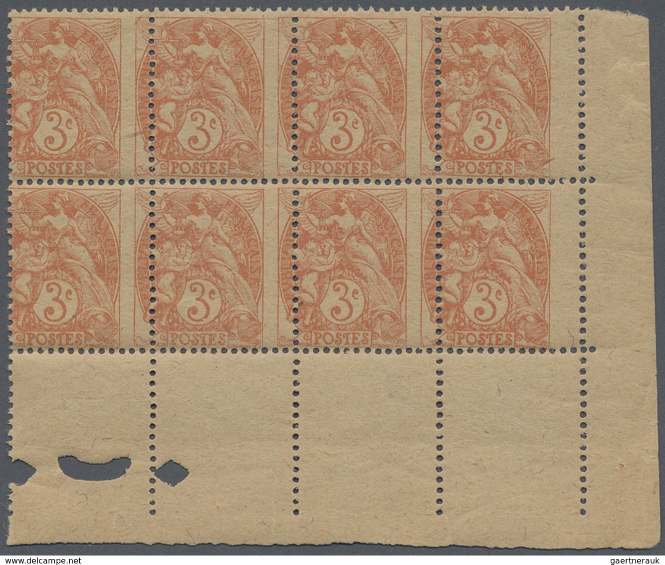 ** Frankreich: 1900, 3 C. Red Orange "Blanc" On Gray GC Paper, Mint Never Hinged Block Of 8 With Mispla - Gebruikt