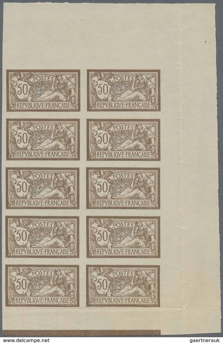 (*) Frankreich: 1900, 50c. Brown/blue "Merson", IMPERFORATE Marginal Block Of Ten From The Upper Right C - Gebruikt