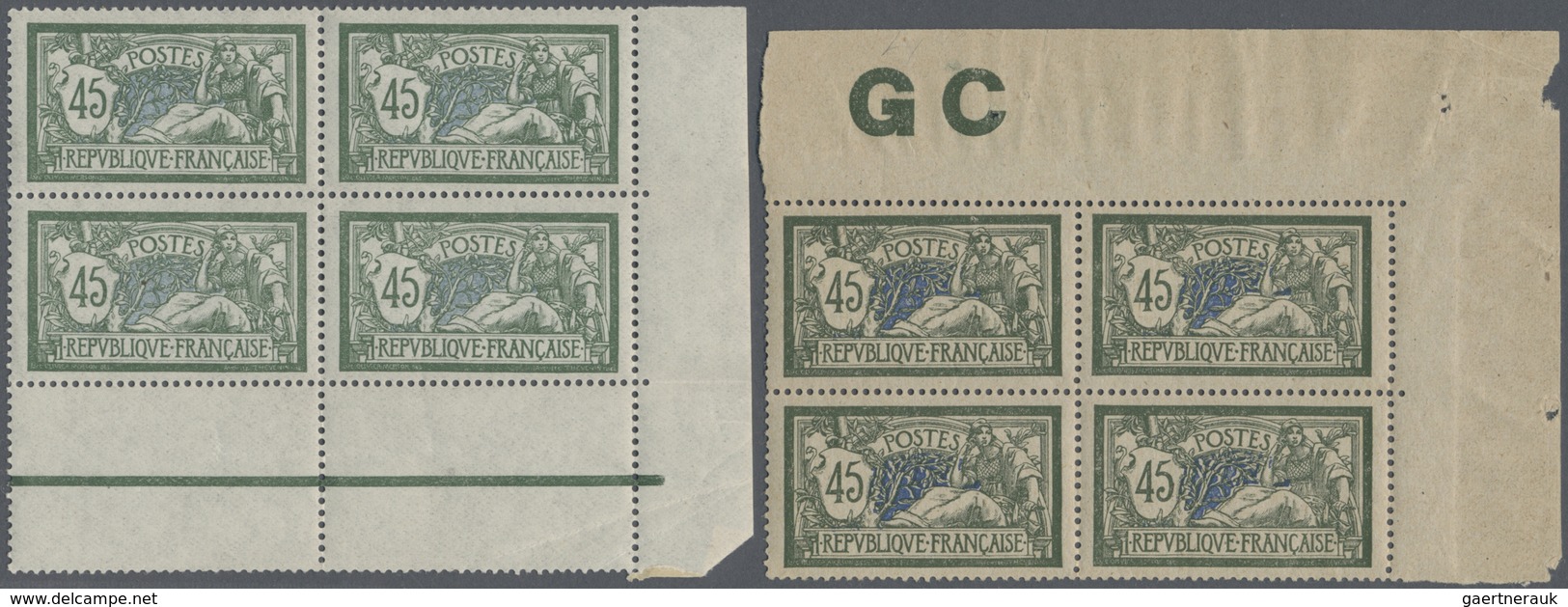 ** Frankreich: 1906/1916, 45c. Green/blue "Merson", Four Marginal Blocks Of Four, Each In Different Sha - Gebruikt