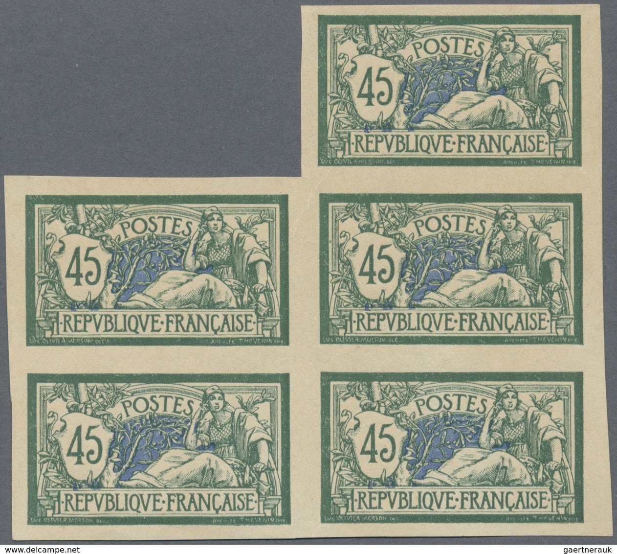 (*) Frankreich: 1906, 45c. Green/blue "Merson", IMPERFORATE Block Of Five, Slight Natural Paper Creasing - Gebruikt