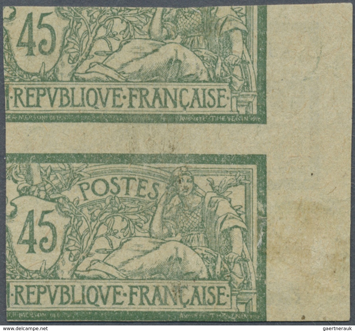 (*) Frankreich: 1906. Imperforate "Merson 45c", Printed Double: One Side Normal Print With Top Margin, T - Gebruikt