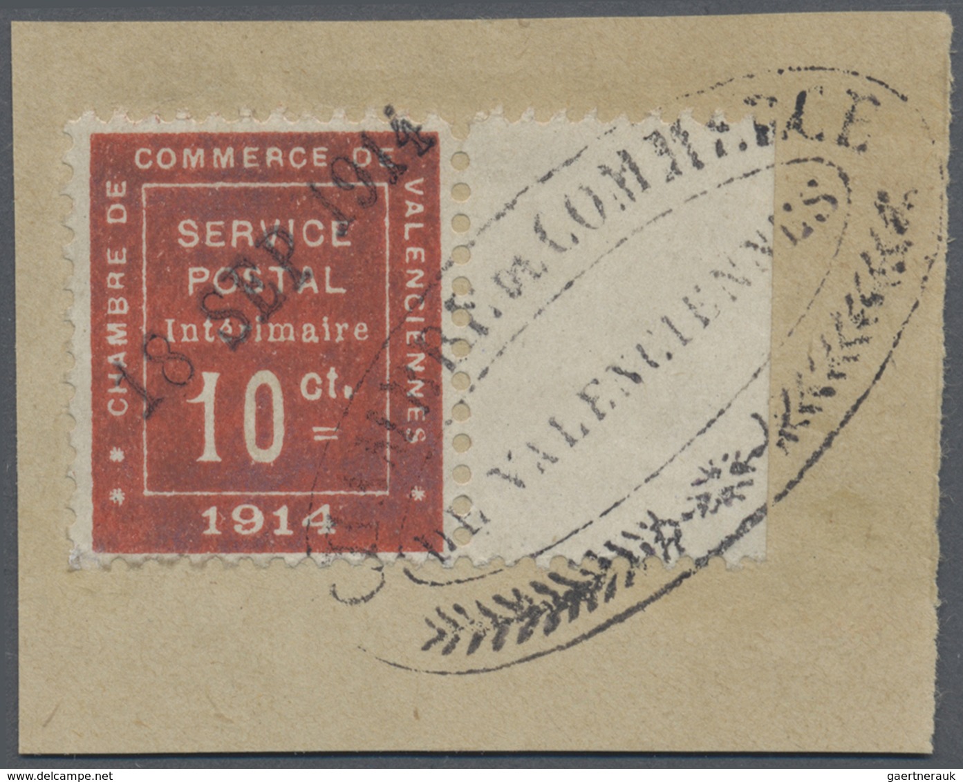 Brfst Frankreich: 1914 'Valenciennes' 10 C. Rot Mit Bogenrand Rechts Auf Briefstück, Entwertet Mit Dem Spe - Gebruikt