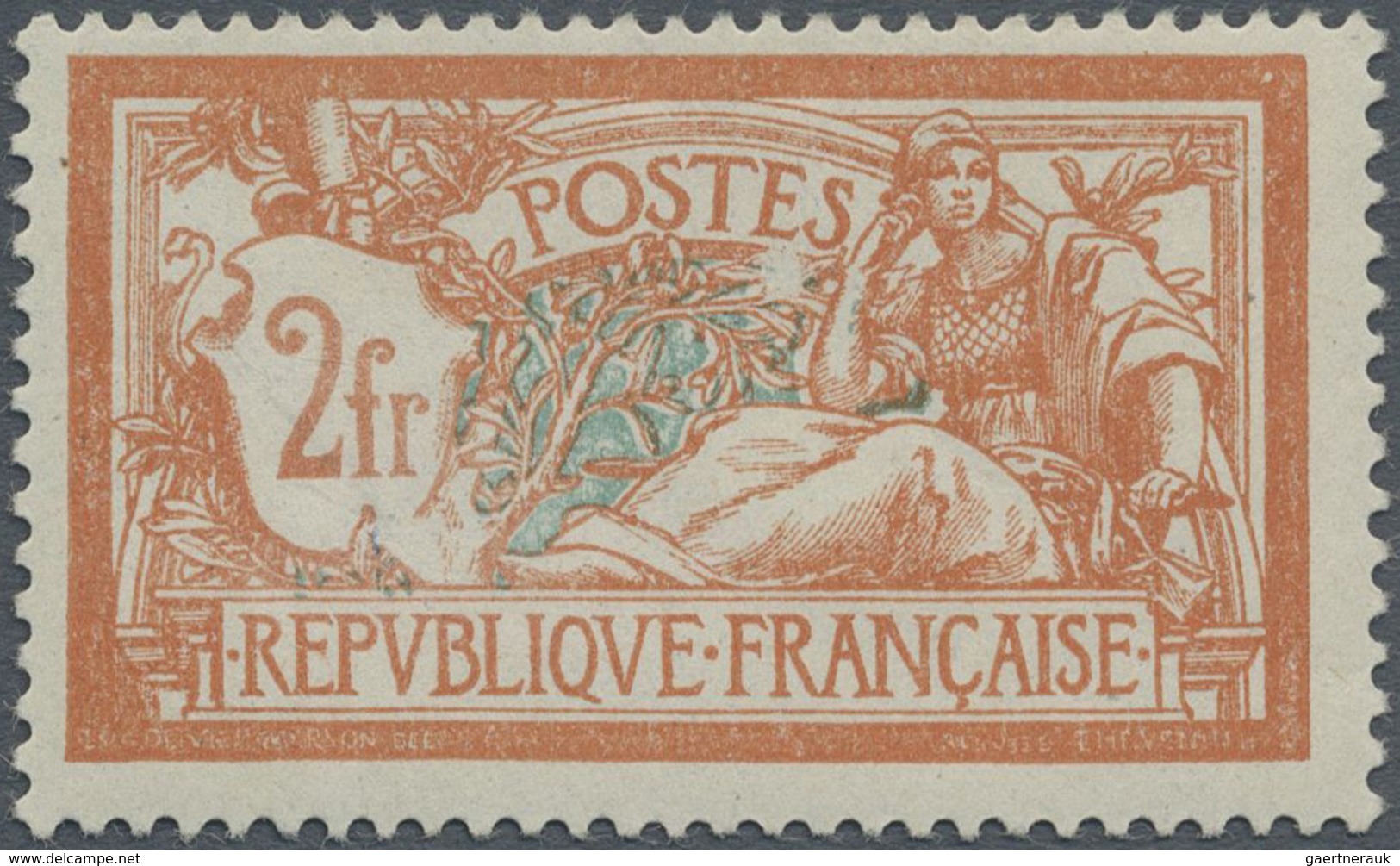 * Frankreich: 1920, 2 Fr. Merson With Plate Flaw "break In Lower Right In The Cartridge Of Value", Unu - Gebruikt