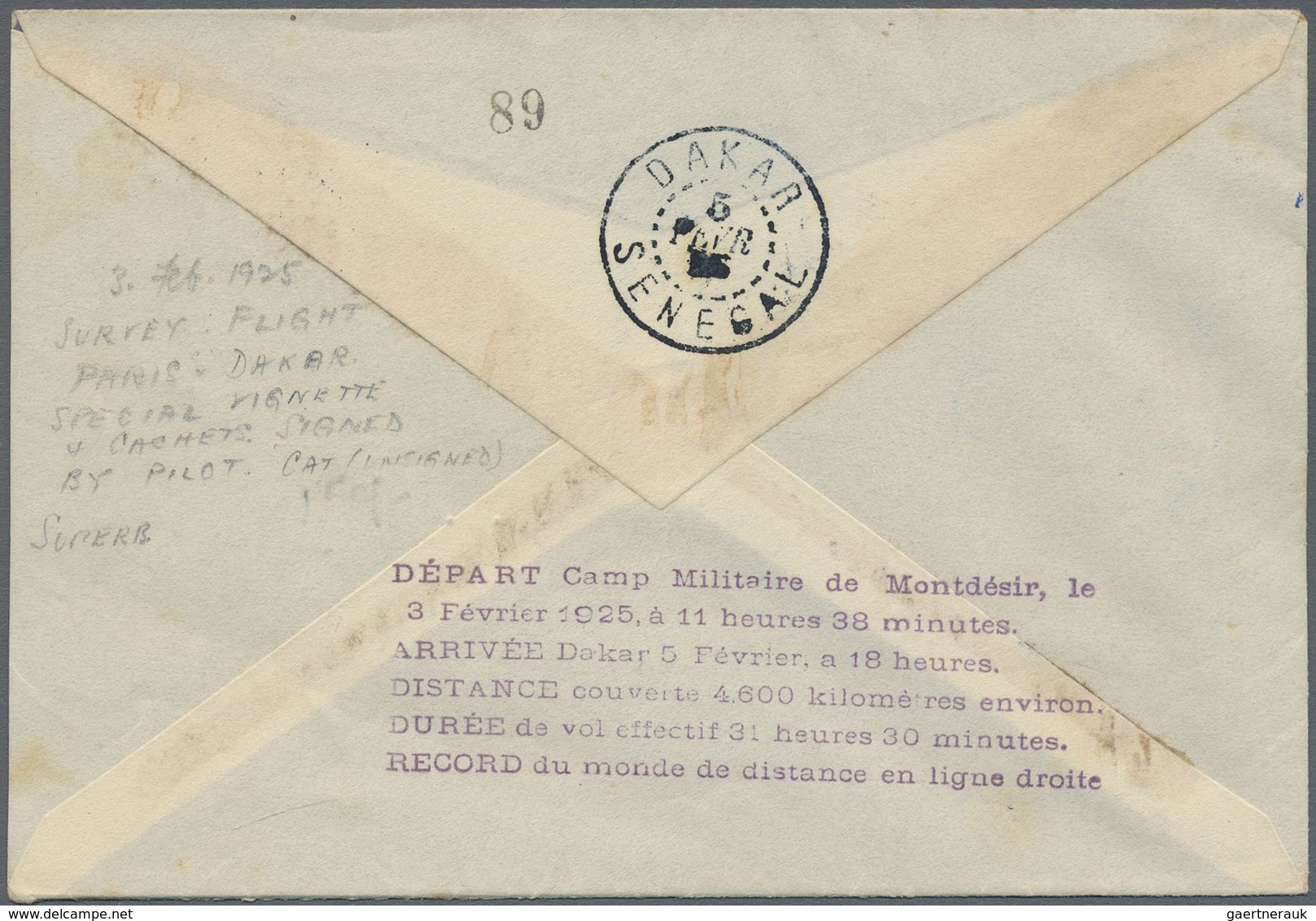 Br Frankreich: 1925, 3 Feb - 5 Feb, Airmail Cover "RAID ETAMPES-DAKAR" Baearing Vignette And Blue Oval - Oblitérés