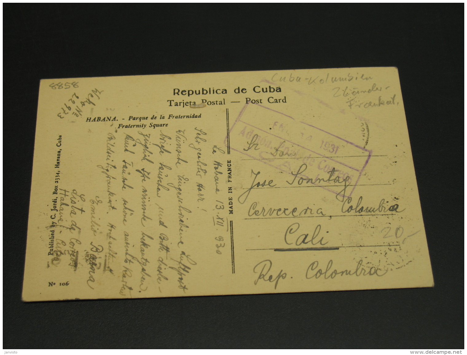 Cuba 1930 Havana Picture Postcard To Colombia *8858 - Covers & Documents
