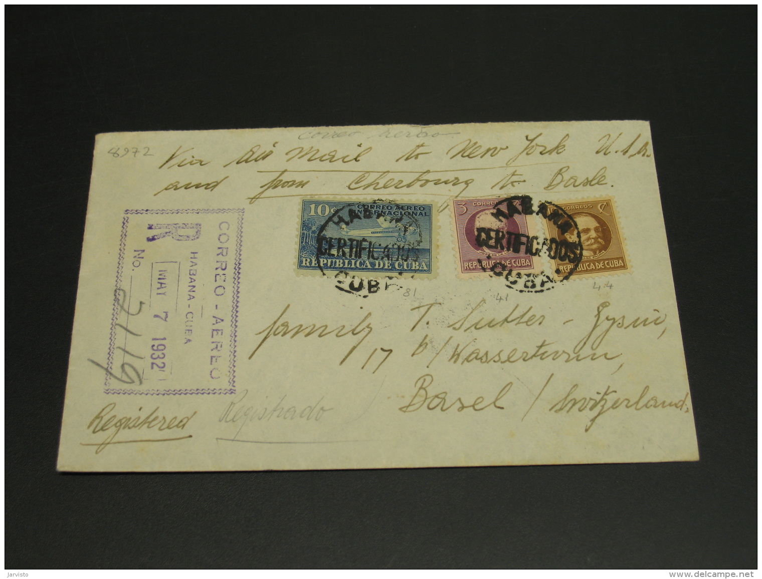 Cuba 1932 Registered Airmail Cover To Switzerland *8972 - Covers & Documents