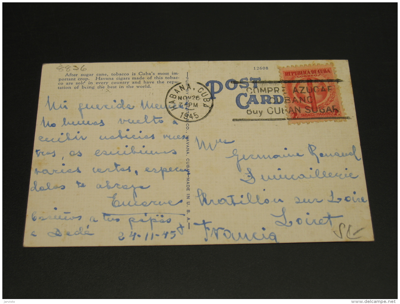 Cuba 1945 Tobacco Plantation Picture Postcard To France Faults *8836 - Covers & Documents