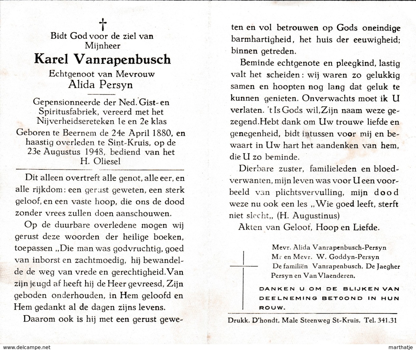 Karel VANRAPENBUSCH, Echtgenoot Van Alida PERSYN - ° Beernem 1880 - † St.Kruis 1948 - Santini